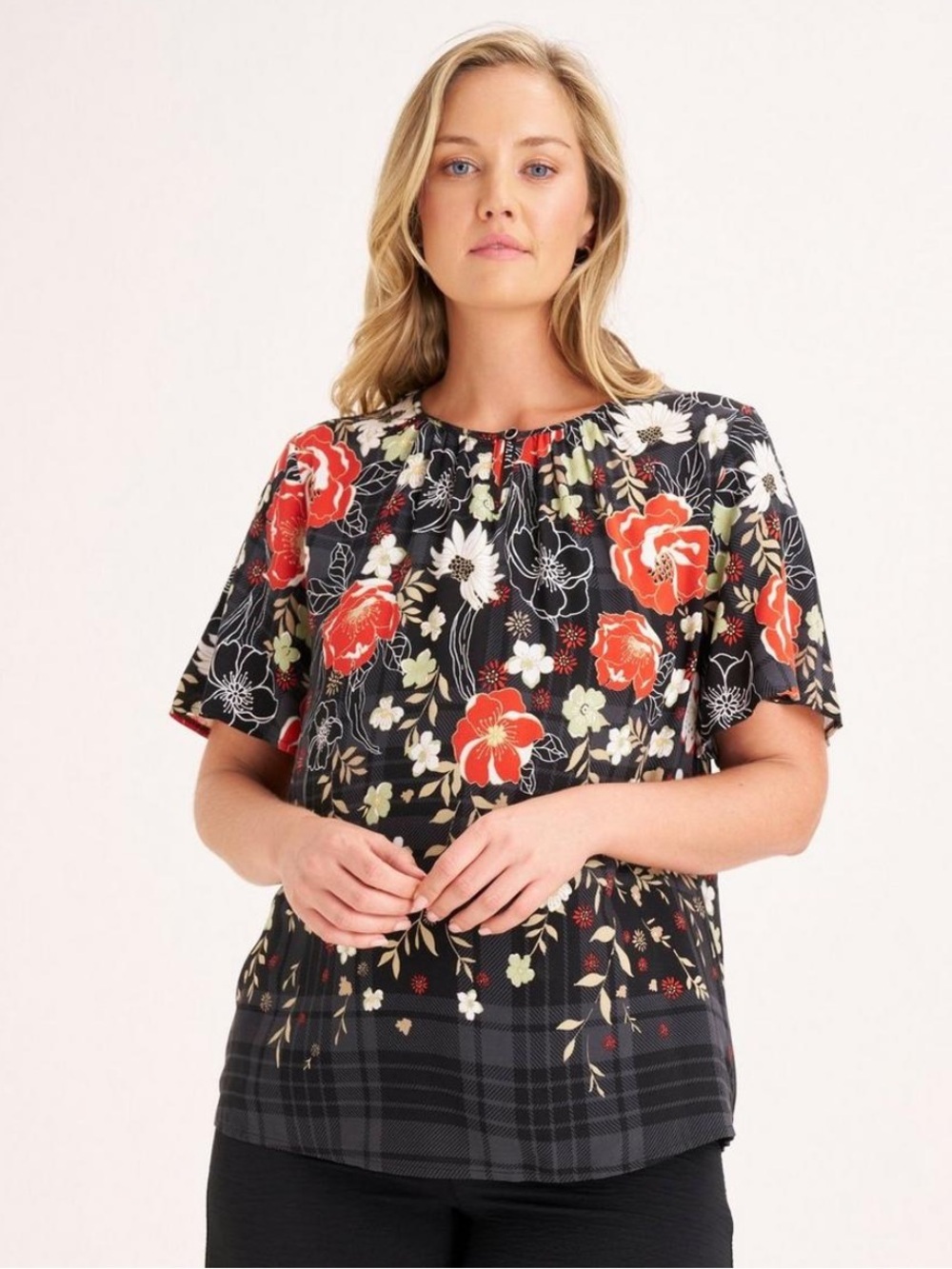 Miladys Black Floral Plaid Short Sleeve Casual Blouse